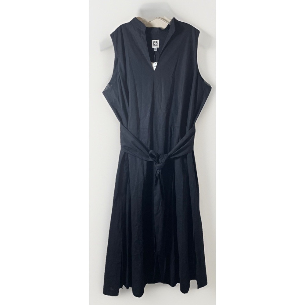 ANNE KLEIN Sleeveless Linen Blend V-Neck Pockets Belted Midi Dress Black 2X NWT
